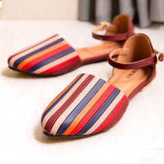 Burgundy Multicolor Strips Flat Pump Shoe DW-03