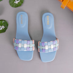 Light Blue Multicolor Checked Casual Flat DW-15