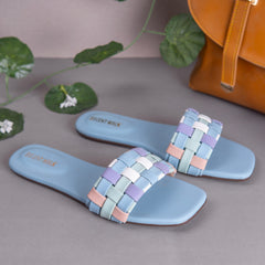 Light Blue Multicolor Checked Casual Flat DW-15