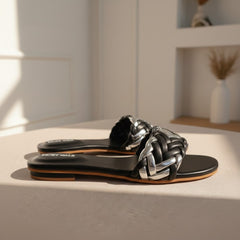 Braided Chain Flat Slippers – Black & Silver DW-20