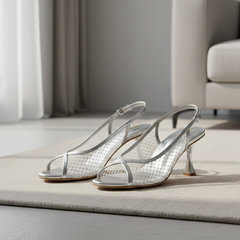 Elegant Silver Mesh Slingback Heels DW-22