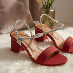 Elegant Red Block Heel with Crystal Ankle Strap DW-21
