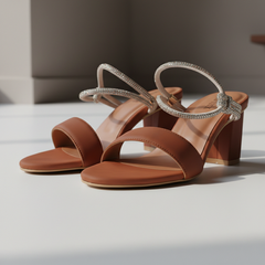 Elegant Brown Block Heel with Crystal Ankle Strap DW-21