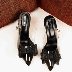 Black Crystal Bow Tie Transparent Heels Court Shoe DW-10