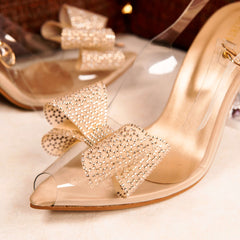 Gold Crystal Bow Tie Transparent Heels Court Shoe DW-10