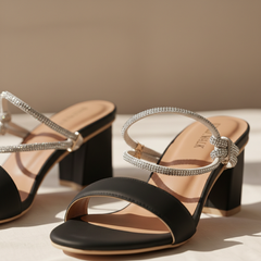Elegant Black Block Heel with Crystal Ankle Strap DW-21