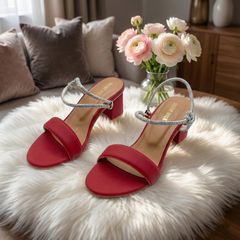 Elegant Red Block Heel with Crystal Ankle Strap DW-21