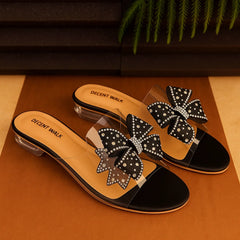 Luxury Bow Tie Black Transparent Flat Women Footwear DW-08