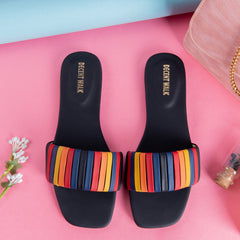 Black Multicolor Stripes Casual Flat DW-14
