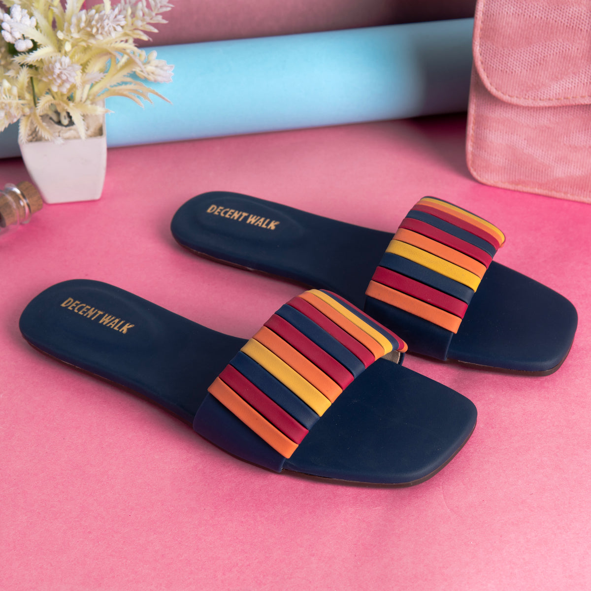 Dark Blue Multicolor Stripes Casual Flat DW-14