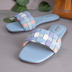 Light Blue Multicolor Checked Casual Flat DW-15