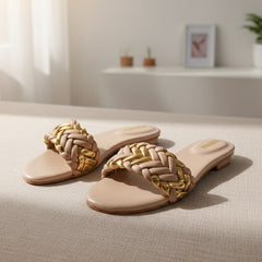 Braided Chain Flat Slippers – Nude & Gold DW-20