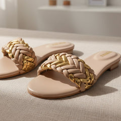 Braided Chain Flat Slippers – Nude & Gold DW-20