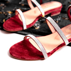 Burgundy Fashionable Crystal Ring Flat Women Bridal Footwear DW-07