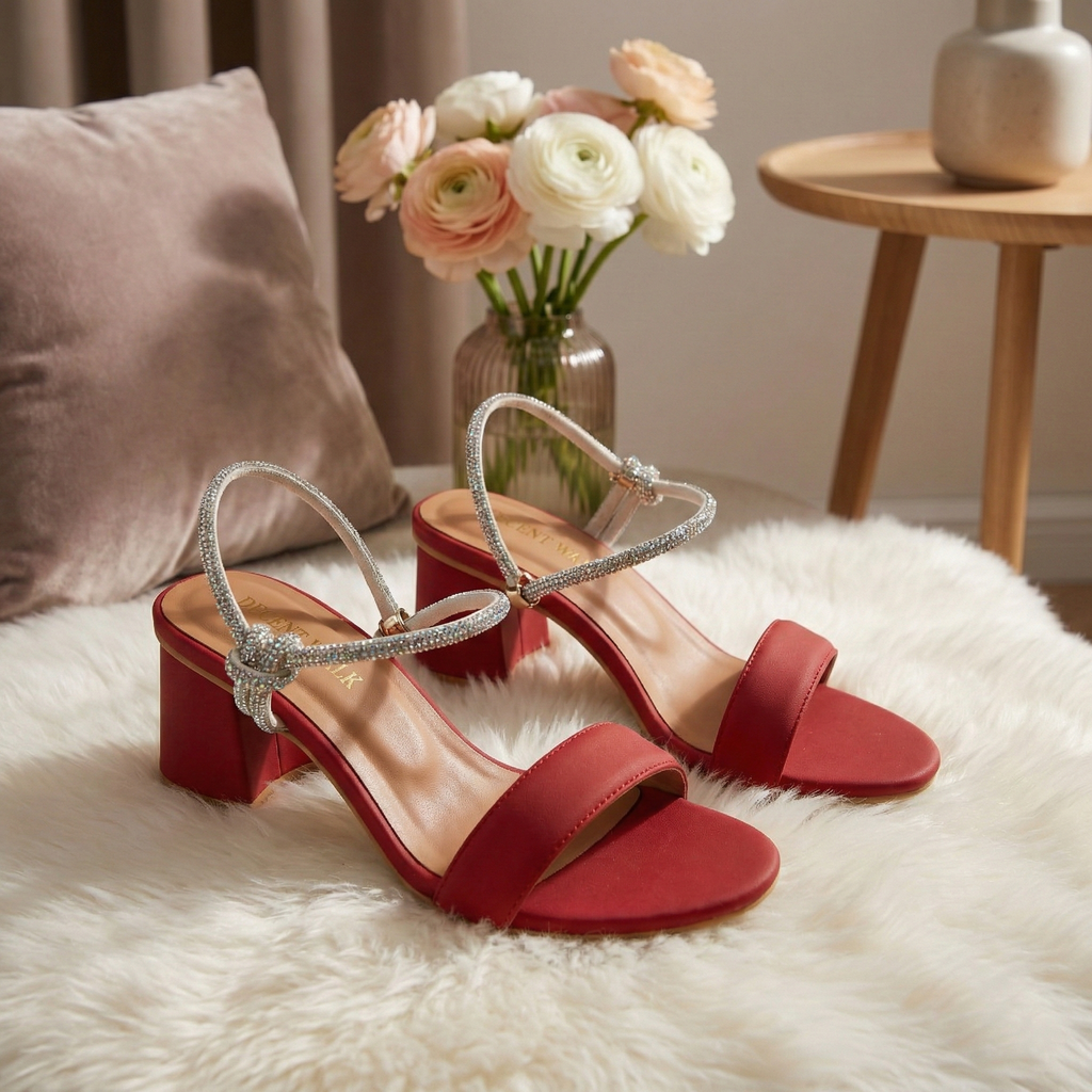 Elegant Red Block Heel with Crystal Ankle Strap DW-21