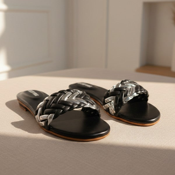 Braided Chain Flat Slippers – Black & Silver DW-20