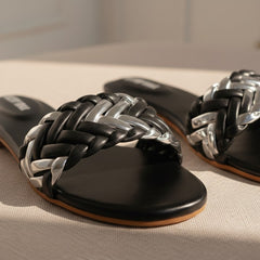 Braided Chain Flat Slippers – Black & Silver DW-20
