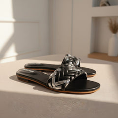 Braided Chain Flat Slippers – Black & Silver DW-20