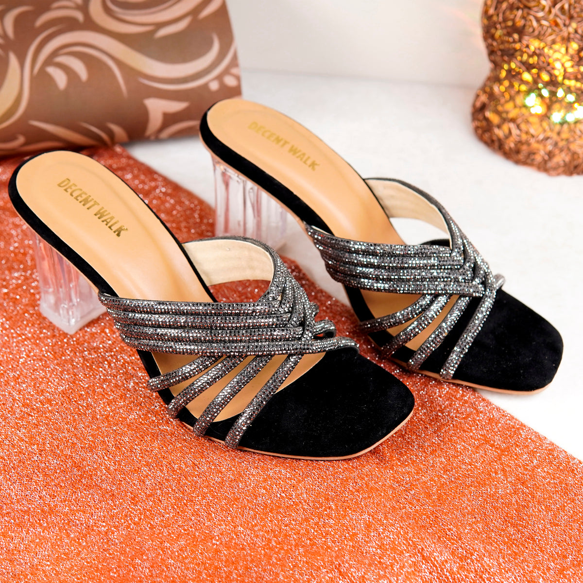 Black Lavish Transparent Crystal Heels DW-12