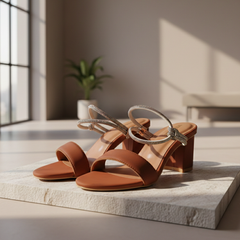 Elegant Brown Block Heel with Crystal Ankle Strap DW-21