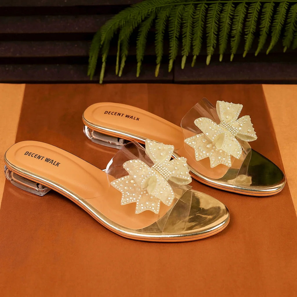 Luxury Bow Tie Golden Transparent Flat Women Footwear DW-08