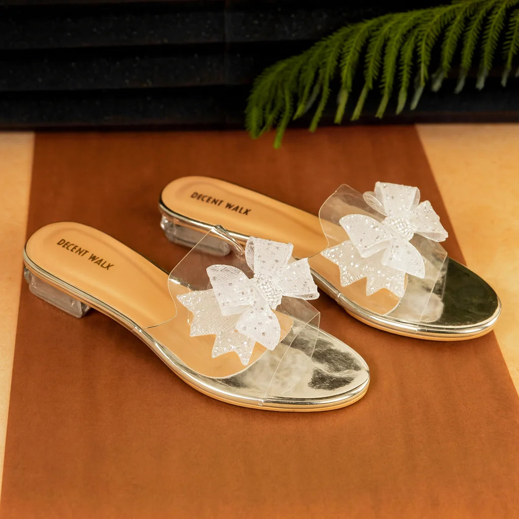 Luxury Bow Tie Silver Transparent Flat Women Footwear DW-08