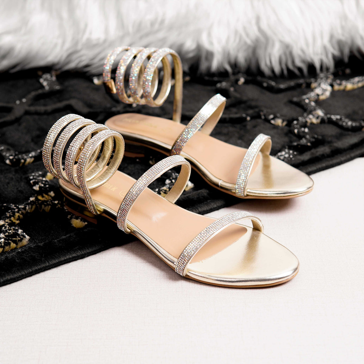 Gold Fashionable Crystal Ring Flat Women Bridal Footwear DW-07