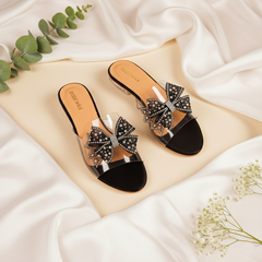 Luxury Bow Tie Black Transparent Flat Women Footwear DW-08