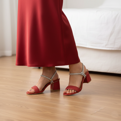 Elegant Red Block Heel with Crystal Ankle Strap DW-21