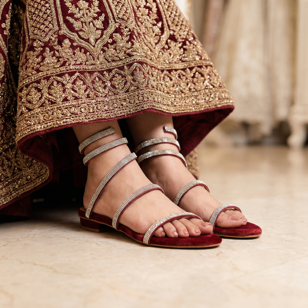 Burgundy Fashionable Crystal Ring Flat Women Bridal Footwear DW-07